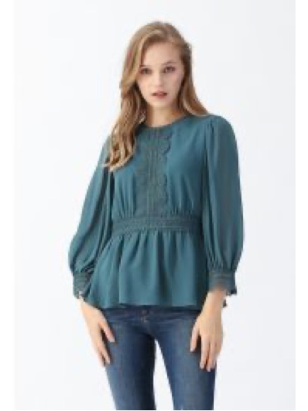 Chelsea & Violet Teal Peplum Blouse with Lace Trim